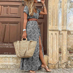 Floral Maxi Dress with Short Sleeves and Belted Cropped Top