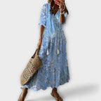 Ikat Maxi Dress with V-neck, Three-Quarter Sleeves and Raw Edges