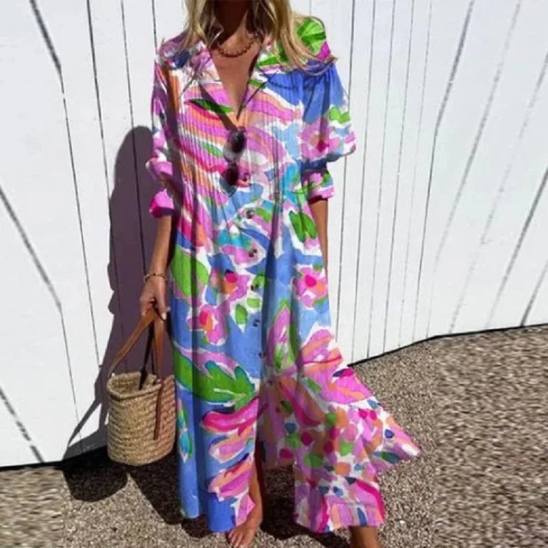 Floral Midi Shirt Dress with Button Front and Short Sleeves