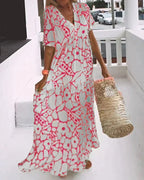 V-Neck Maxi Dress with Two-Tone Abstract Print and Short Sleeves
