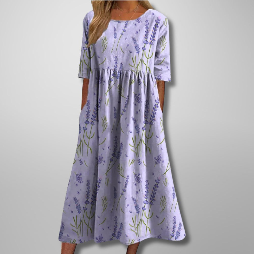 Floral Midi Dress with Three-Quarter Sleeves and Full Skirt for Women