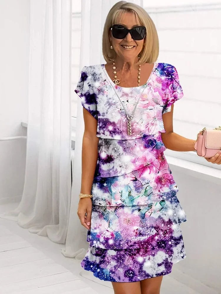 Pleated A-Line Dress with Floral Print, Short Sleeves & Crew Neck