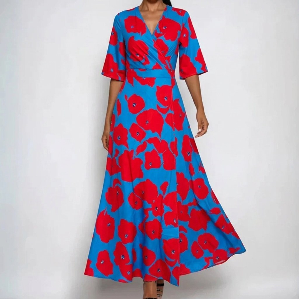 V-neck belted floral maxi dress with three-quarter sleeves