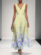 Sleeveless V-Neck Maxi Dress with Fading Floral Print for Women
