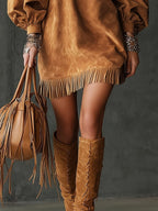 Suede Maxi Dress with Bell Sleeves and Fringe for Women