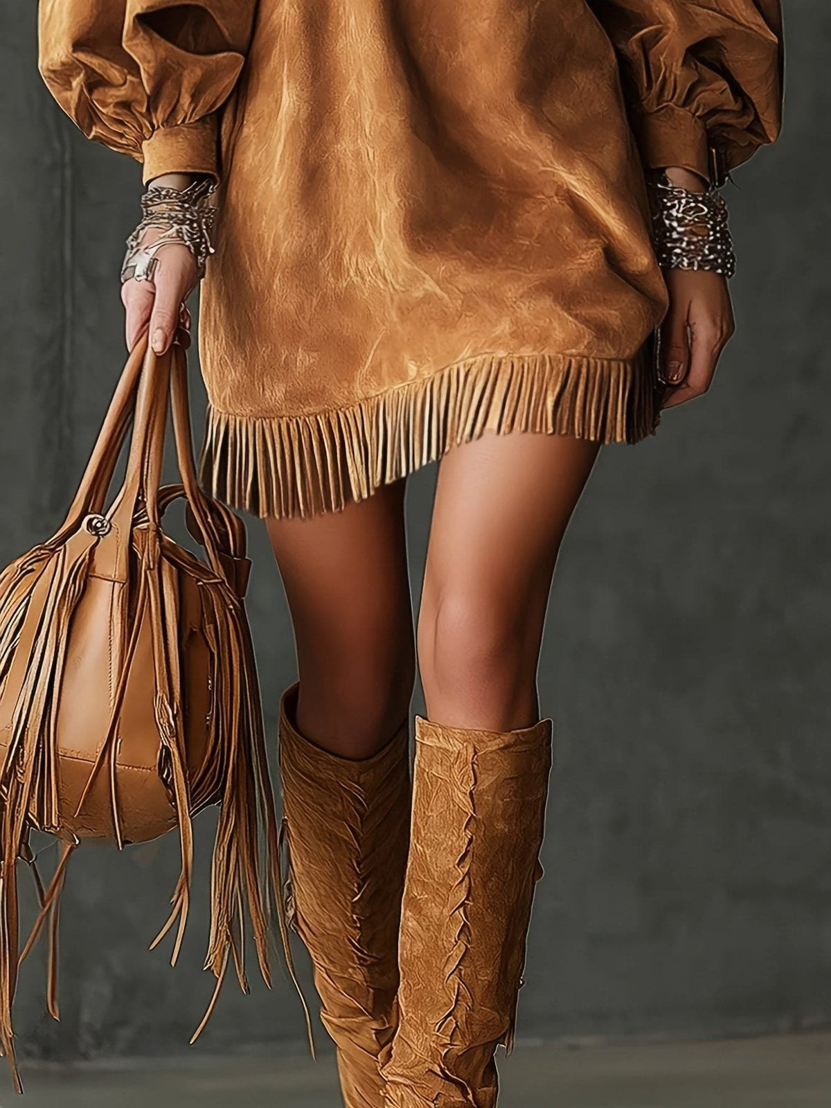 Suede Maxi Dress with Bell Sleeves and Fringe for Women