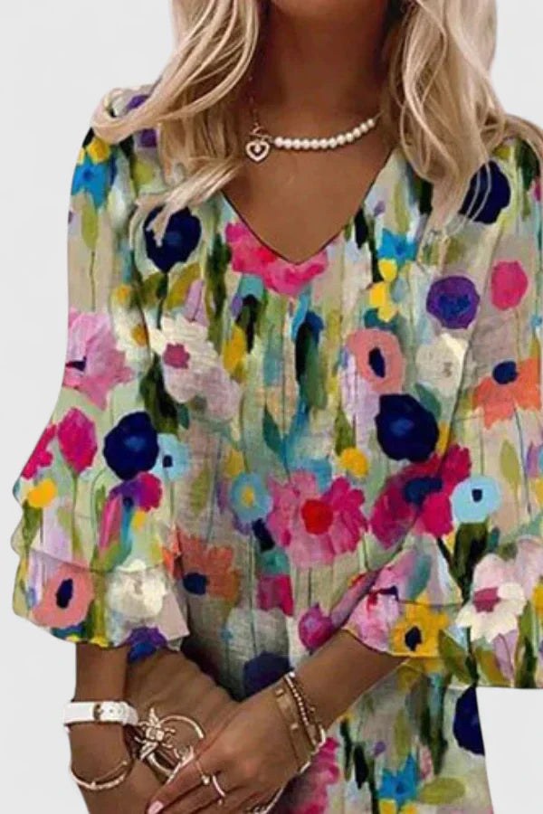 Knee-Length Floral Dress with V-Neck and Bell Sleeves for Women