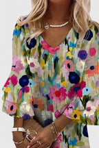 Knee-Length Floral Dress with V-Neck and Bell Sleeves for Women