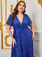 Sequin Maxi Dress with V-Neck and Short Sleeves, Plus-Size Fit