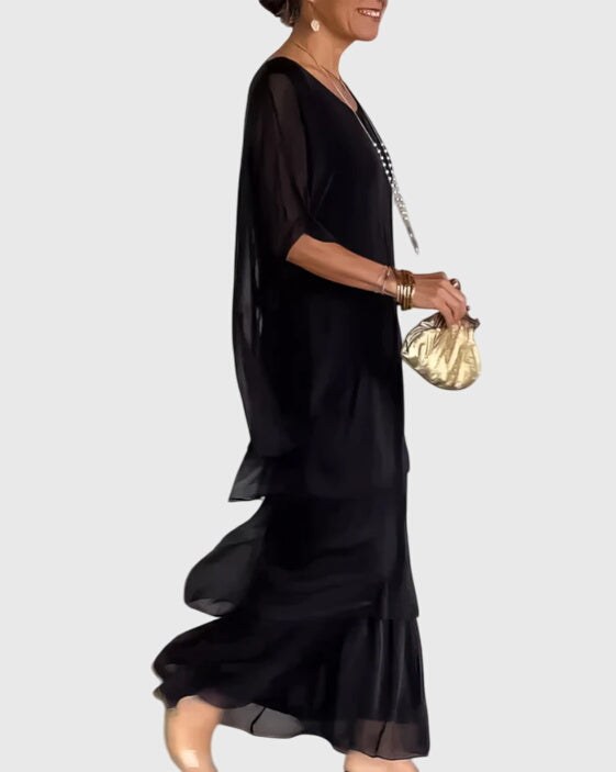 Tiered Maxi Dress with Relaxed Tunic Top and Three-Quarter Sleeves