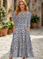 A-Line Midi Dress with Floral Print, Pockets and Three-Quarter Sleeves
