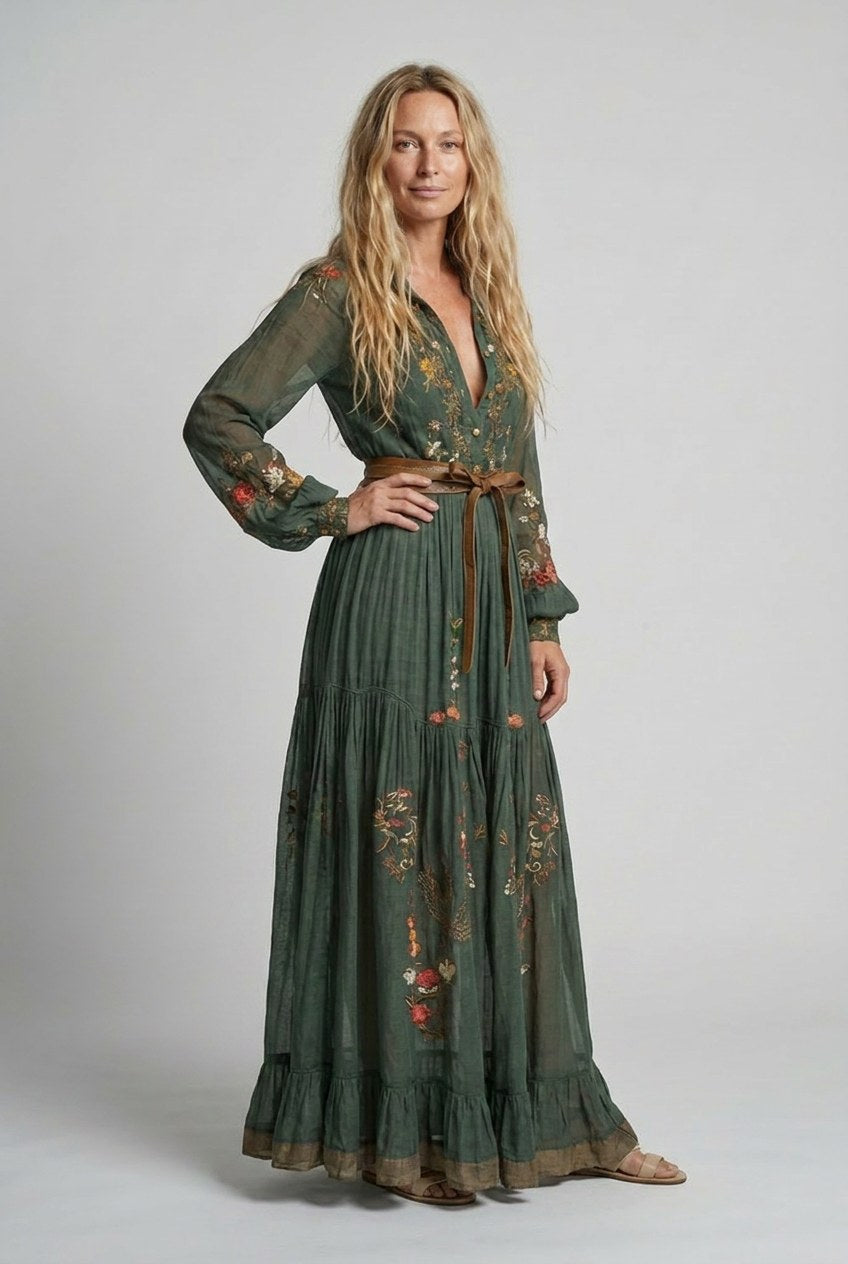 Embroidered Maxi Dress with Deep V-Neck, Long Sleeves and Tie Waist