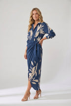 Wrap Maxi Dress with Leaf Print and Three-Quarter Sleeves