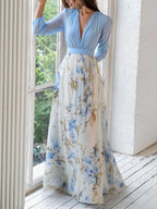 Floral V-Neck Maxi Dress with Long Balloon Sleeves and Flowing Skirt