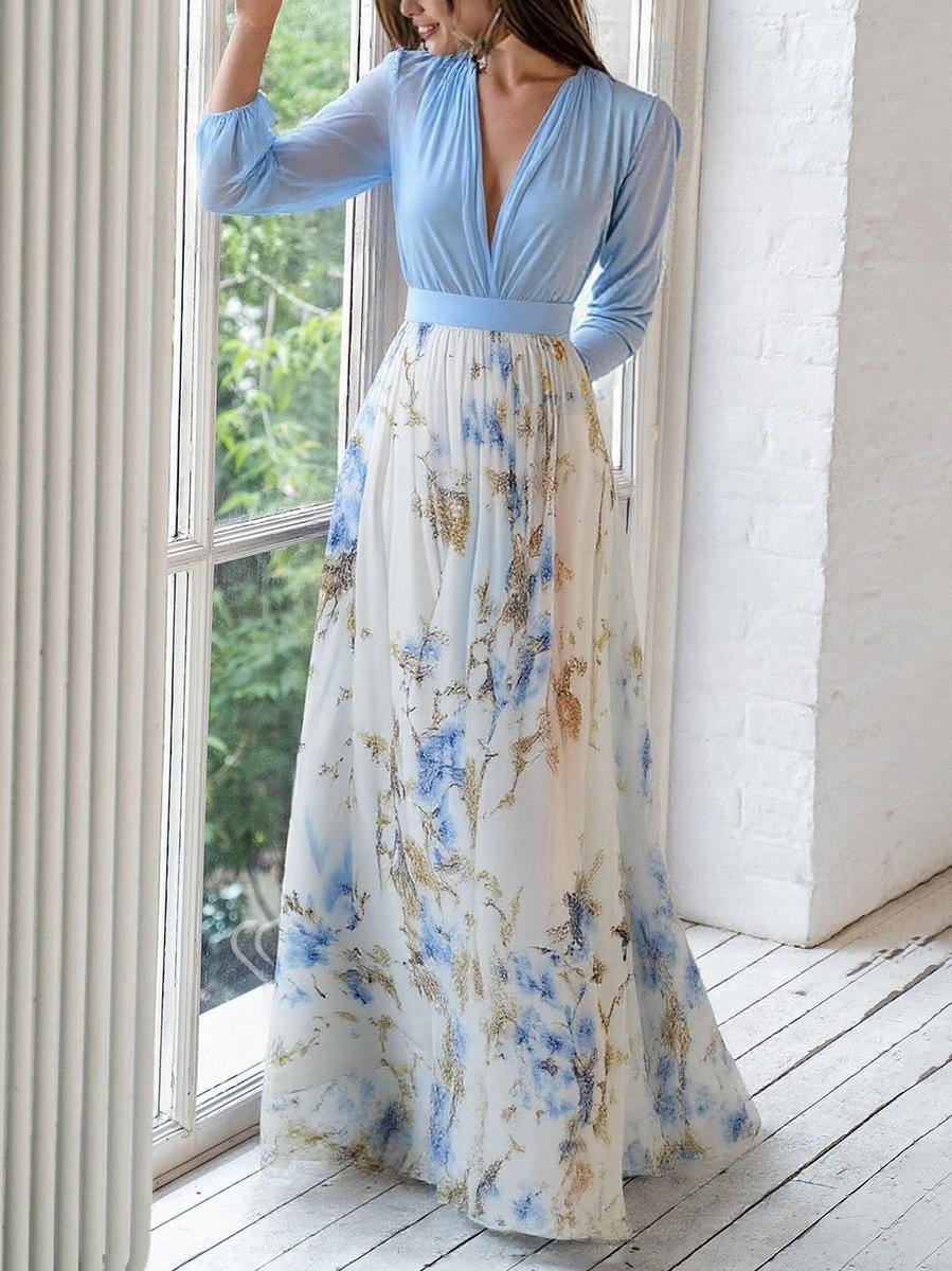 Floral V-Neck Maxi Dress with Long Balloon Sleeves and Flowing Skirt