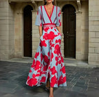 V-Neck Floral Maxi Dress with Three-Quarter Sleeves and Pockets