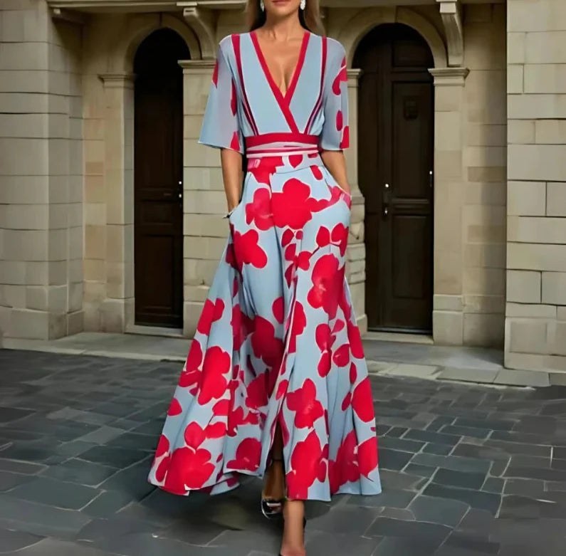 V-Neck Floral Maxi Dress with Three-Quarter Sleeves and Pockets