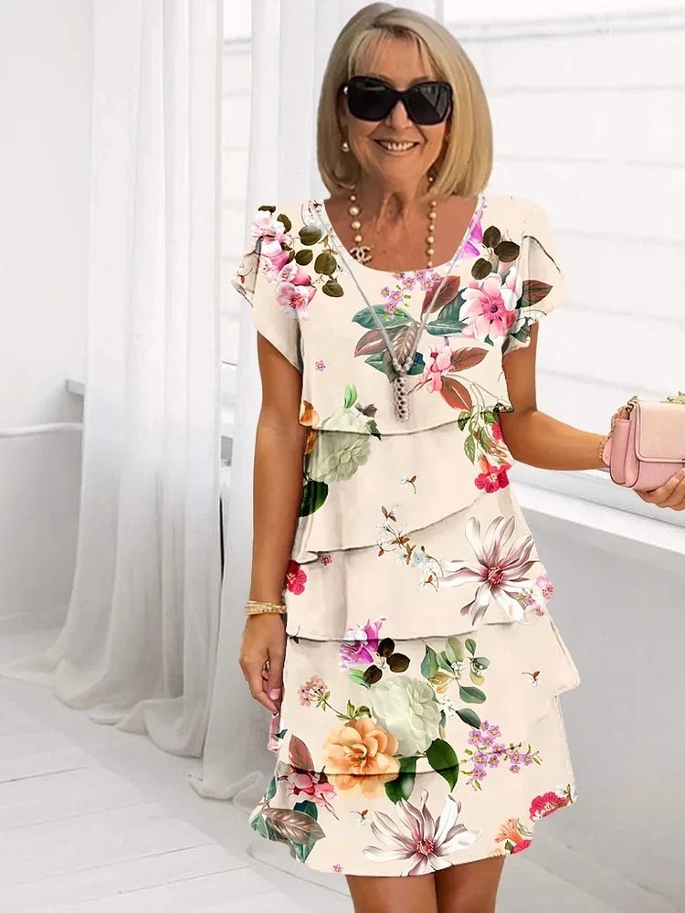 Pleated A-Line Dress with Floral Print, Short Sleeves & Crew Neck