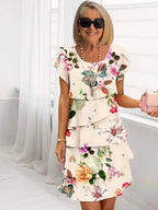 Pleated A-Line Dress with Floral Print, Short Sleeves & Crew Neck