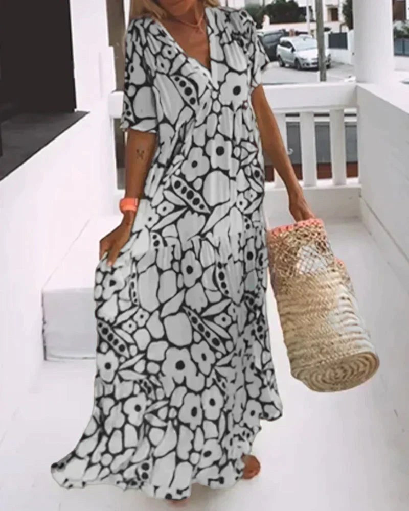 V-Neck Maxi Dress with Two-Tone Abstract Print and Short Sleeves