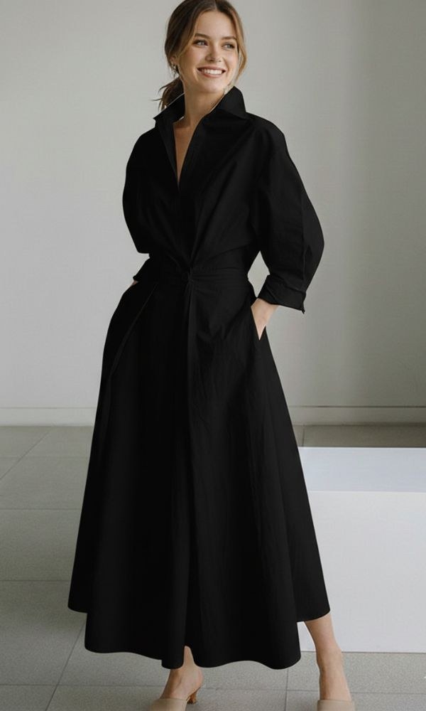 Maxi shirt dress with tie waist and long sleeves for women