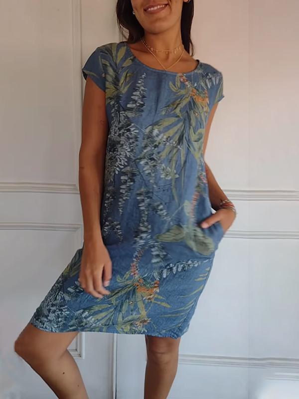 Floral Shift Dress with Short Sleeves, Knee-Length Hem and Side Pockets