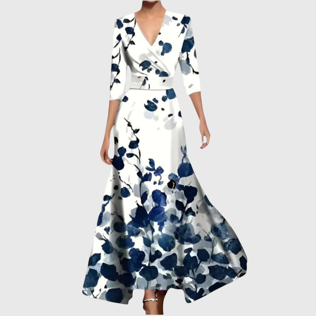 Floral Wrap Maxi Dress with Tie Waist, Deep V Neckline and Three-Quarter Sleeves