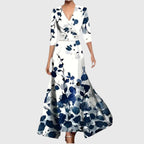 Floral Wrap Maxi Dress with Tie Waist, Deep V Neckline and Three-Quarter Sleeves