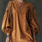 Suede Maxi Dress with Bell Sleeves and Fringe for Women