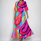 V-neck belted floral maxi dress with three-quarter sleeves