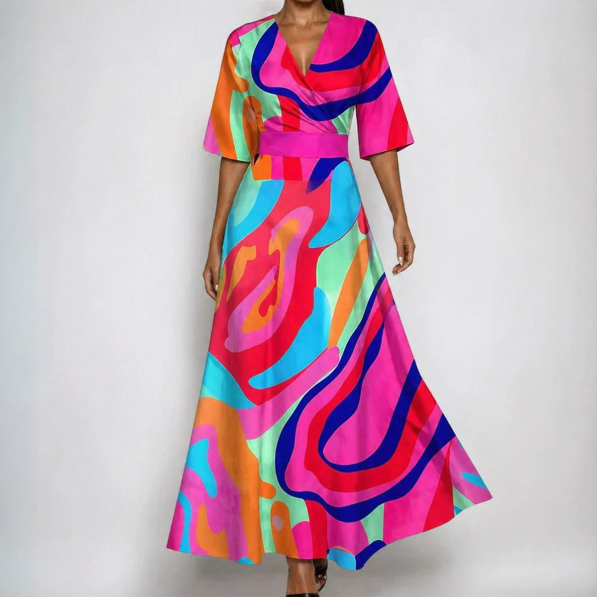 V-neck belted floral maxi dress with three-quarter sleeves