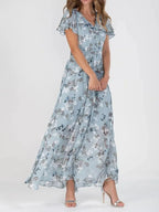 V-Neck Flutter Sleeve Floral Maxi Dress with Relaxed, Flowing Silhouette