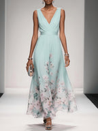 Sleeveless V-Neck Maxi Dress with Fading Floral Print for Women