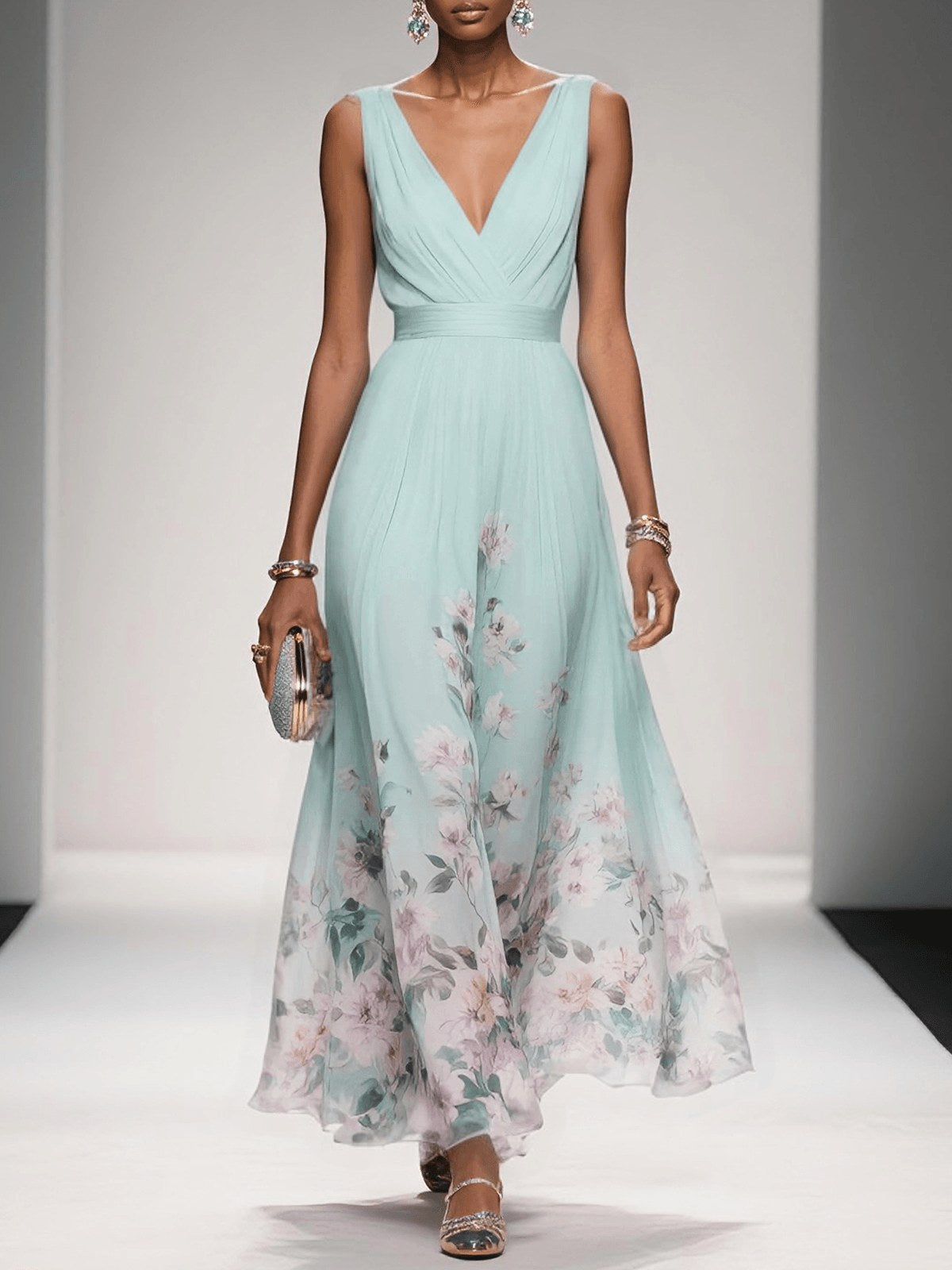 Sleeveless V-Neck Maxi Dress with Fading Floral Print for Women