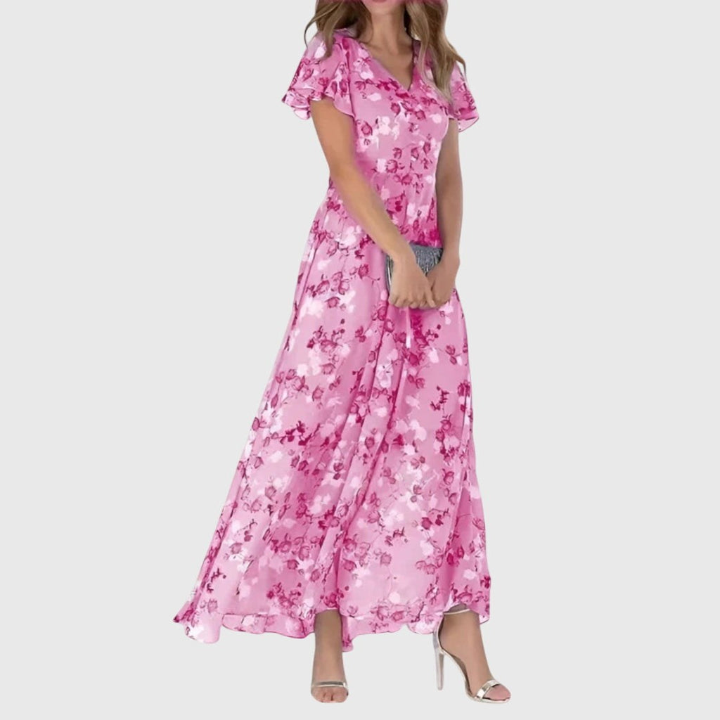 Floral V-Neck Maxi Dress with Flutter Sleeves and Relaxed Bodice