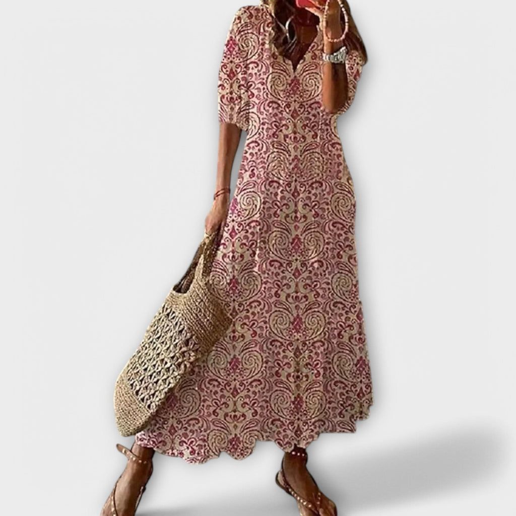 Ikat Maxi Dress with V-neck, Three-Quarter Sleeves and Raw Edges