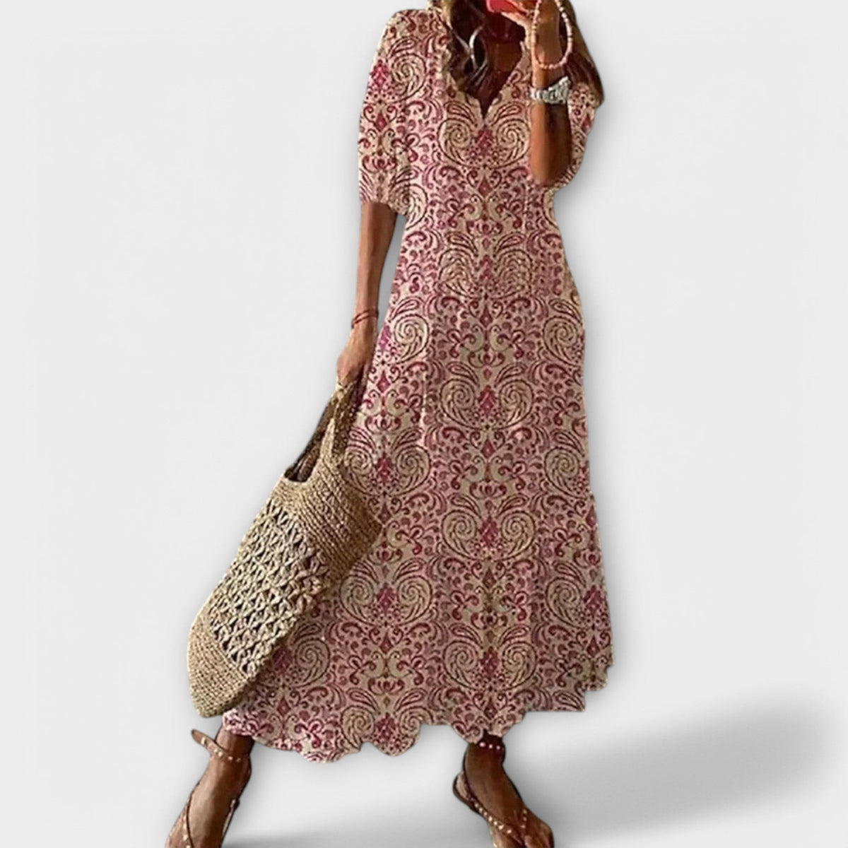 Ikat Maxi Dress with V-neck, Three-Quarter Sleeves and Raw Edges