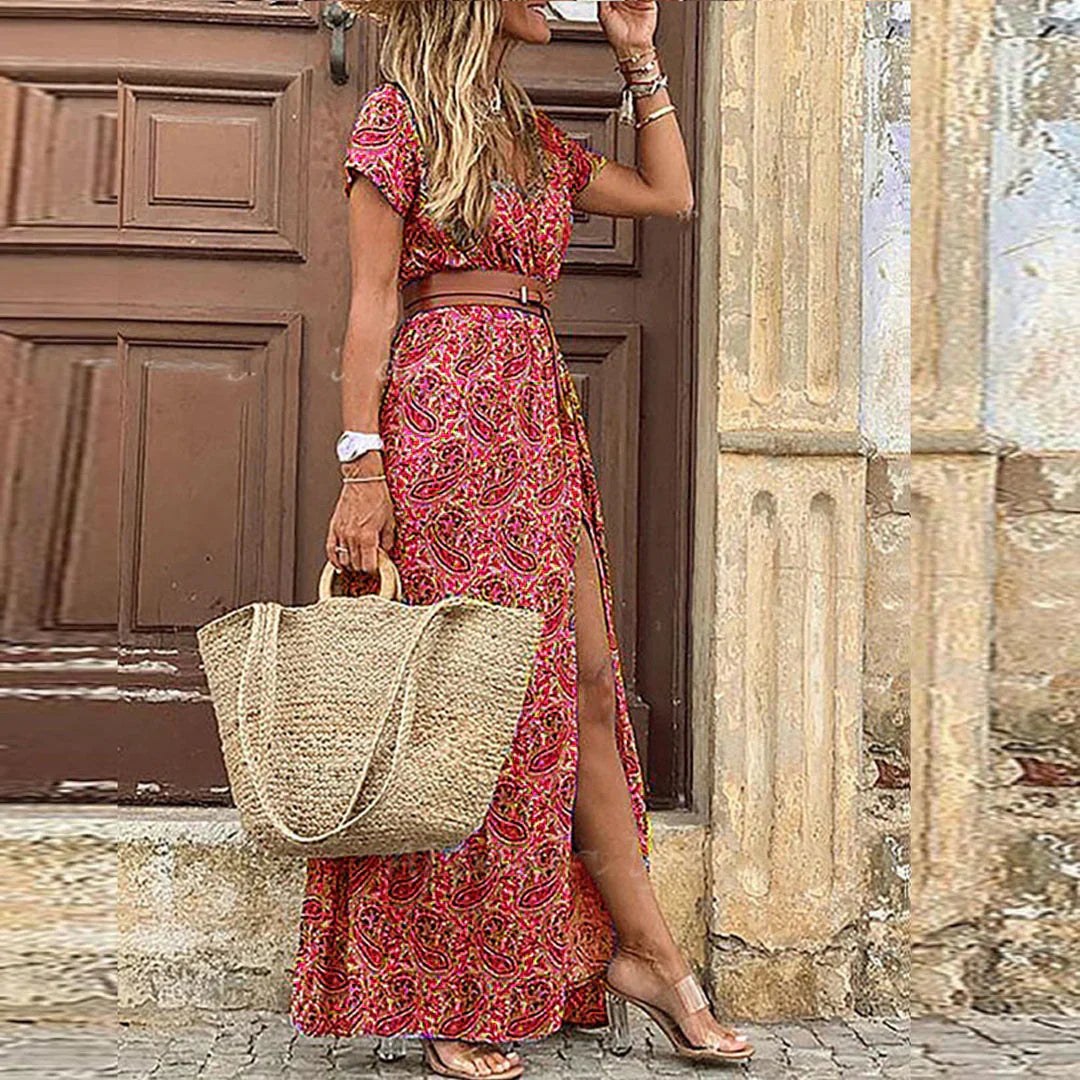 Floral Maxi Dress with Short Sleeves and Belted Cropped Top