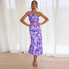 Floral One-Shoulder Draped Asymmetrical Maxi Dress for Women