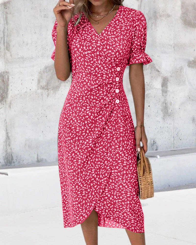 Floral Wrap Midi Dress with V-Neck, Button Front and Asymmetrical Hem
