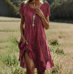 Floral V-Neck Midi Dress with Relaxed Cut, Short Sleeves and High-Low Hem