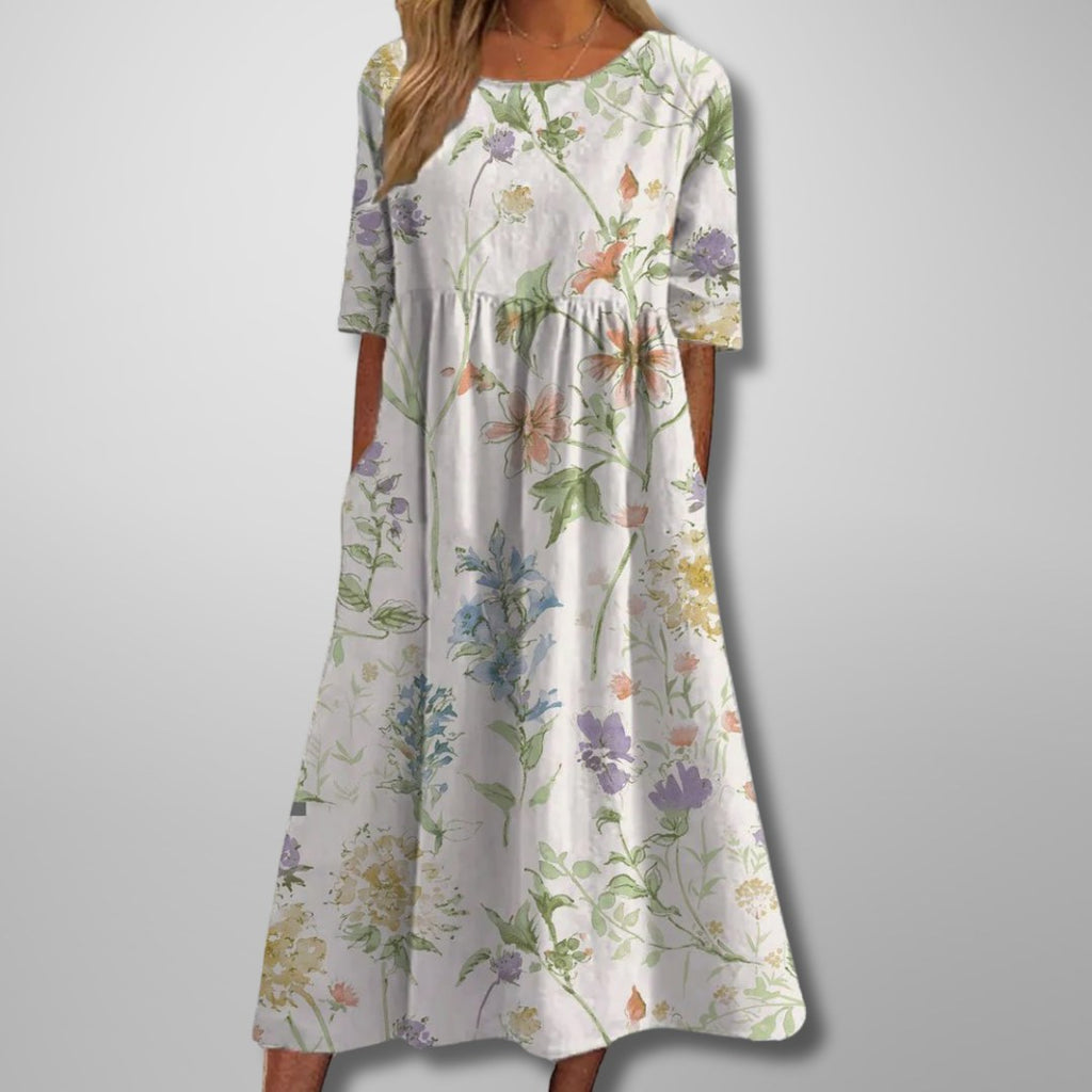 Floral Midi Dress with Three-Quarter Sleeves and Full Skirt for Women