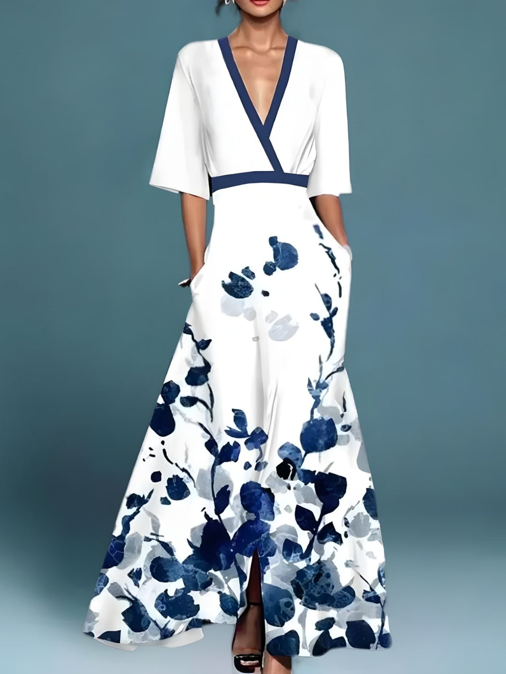 V-Neck Floral Maxi Dress with Three-Quarter Sleeves and Pockets