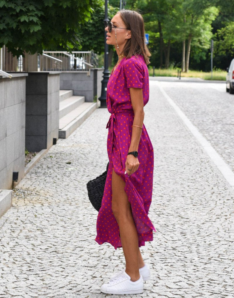 Floral V-neck Wrap Midi Dress with Short Sleeves for Women