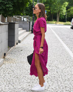 Floral V-neck Wrap Midi Dress with Short Sleeves for Women