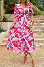 V-Neck Puff Sleeve Midi Dress with Floral Print and Gathered Waist for Women