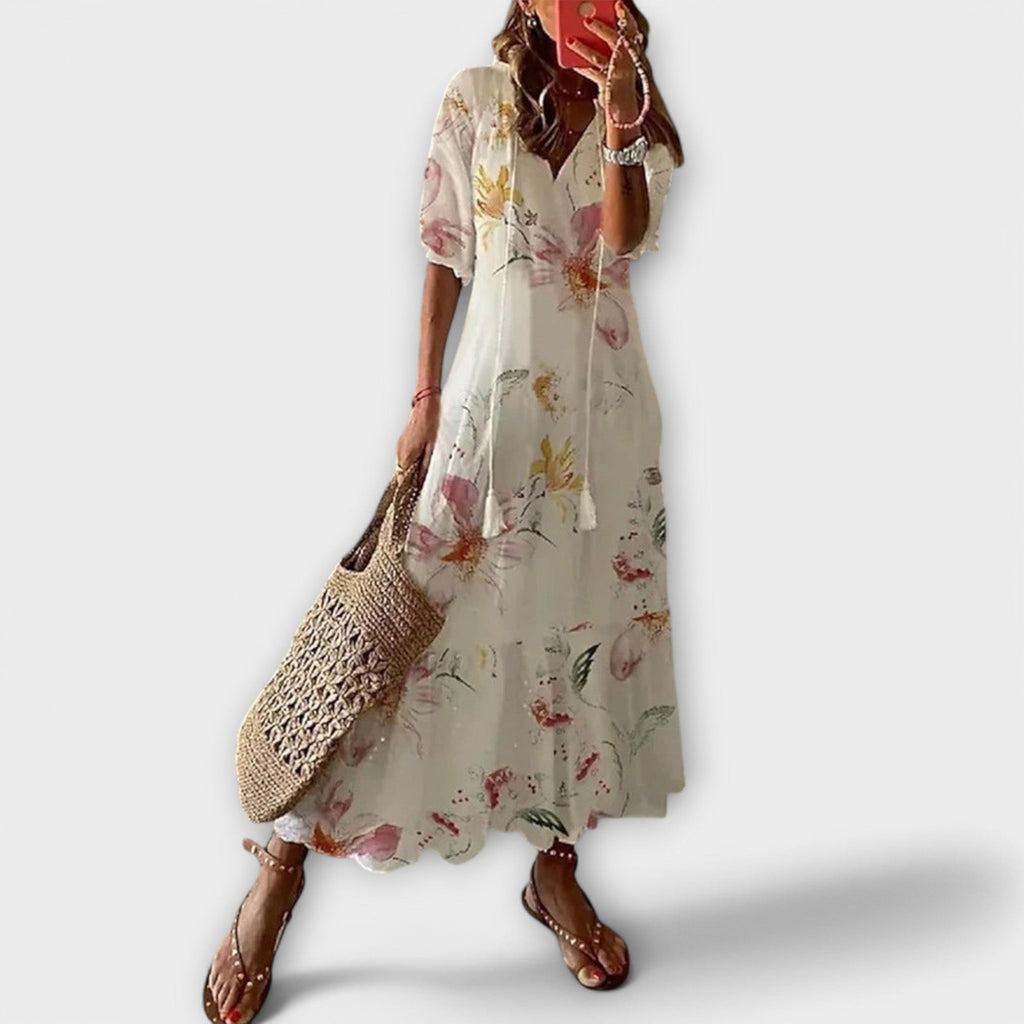 Ikat Maxi Dress with V-neck, Three-Quarter Sleeves and Raw Edges