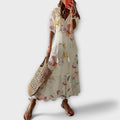 Ikat Maxi Dress with V-neck, Three-Quarter Sleeves and Raw Edges