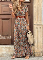 Floral Maxi Dress with Short Sleeves and Belted Cropped Top