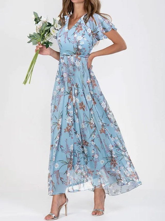 V-Neck Flutter Sleeve Floral Maxi Dress with Relaxed, Flowing Silhouette